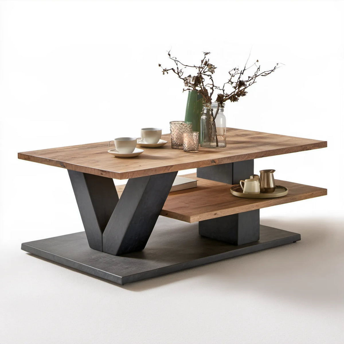 Stolik kawowy z półką MDF w dekorze dębu i czerni 120 x 60 x 45 cm