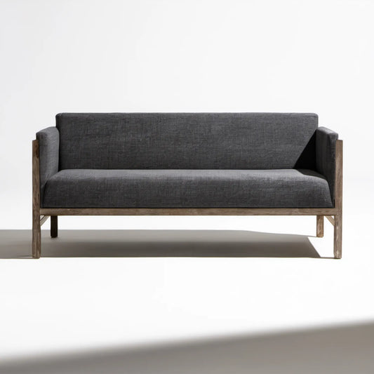 Dwuosobowa sofa z szarą tapicerką i ramą z litego drewna, 140 × 75 × 78 cm