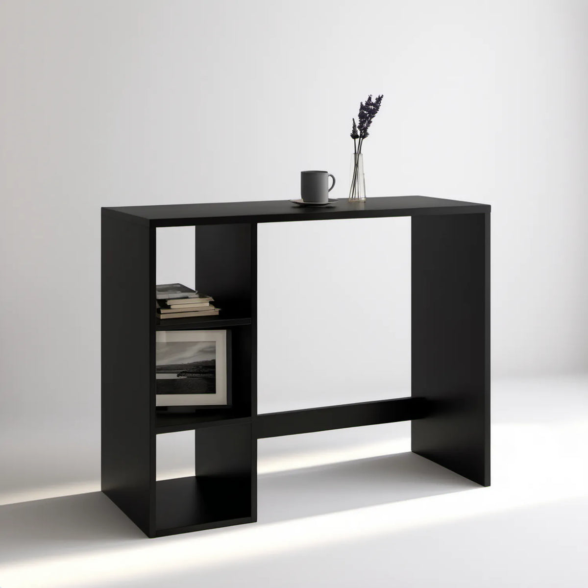 Czarny stół barowy z półkami z laminowanej płyty wiórowej 120 x 40 x 105 cm