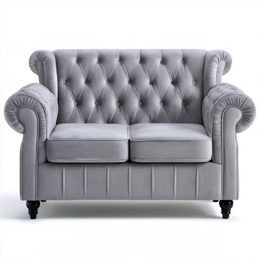 Dwuosobowa sofa Chesterfield z szarego weluru, 170 × 90 × 100 cm
