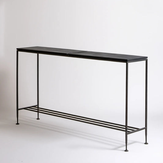 Czarna konsola industrialna z litego drewna sosnowego i stali, 120 x 35 x 85 cm