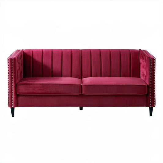 Bordowa sofa dwuosobowa z aksamitu 160 × 80 × 82 cm z dekoracyjnymi pinezkami