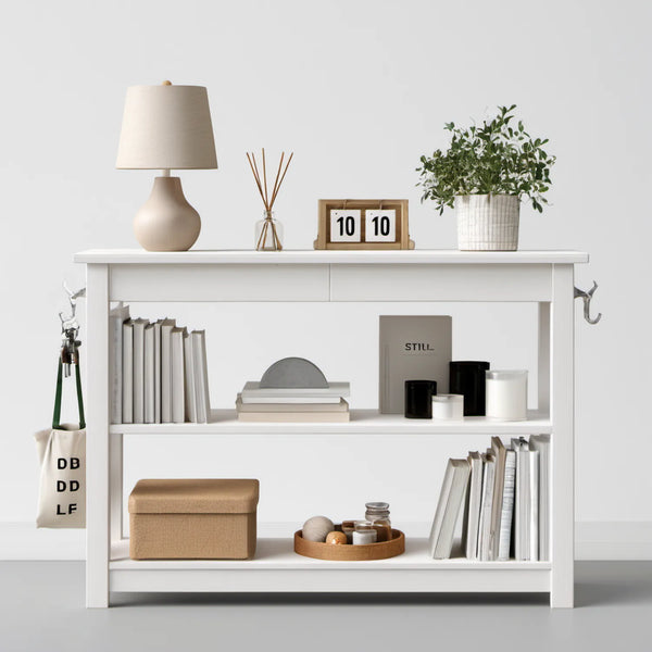 Biała konsola MDF 120 x 30 x 80 cm z 2 szufladami, 2 półkami i srebrnymi haczykami
