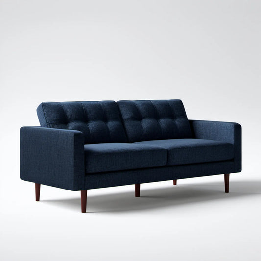 Dwuosobowa sofa granatowa z brązowymi nogami, 160 x 85 x 85 cm